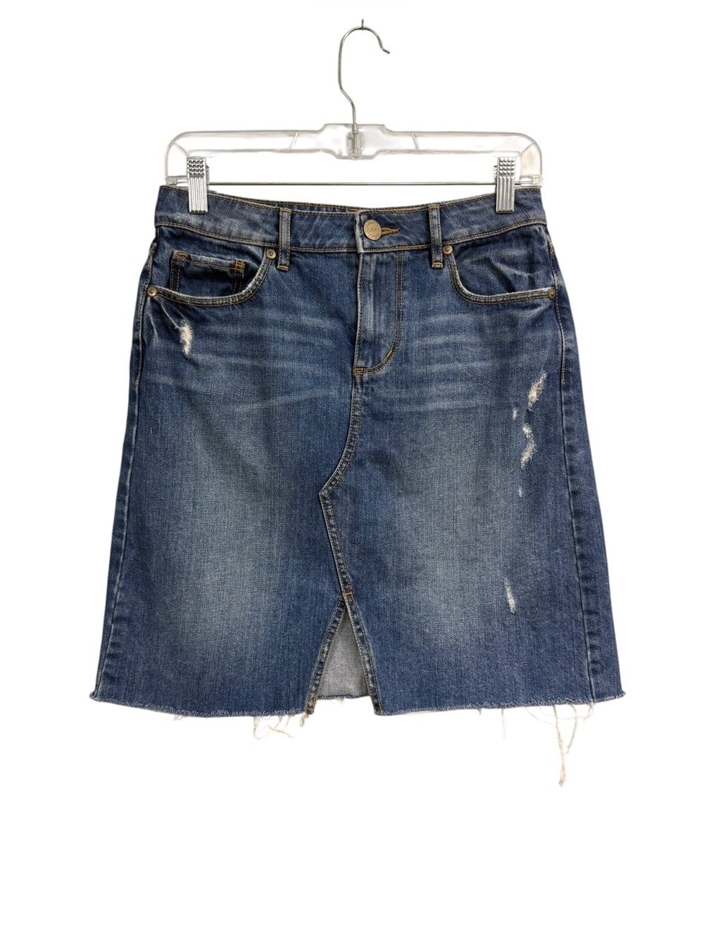 Ann Taylor LOFT Size 0 Jean Skirt Front Slit Blue Distressed 100% Cotton Pockets